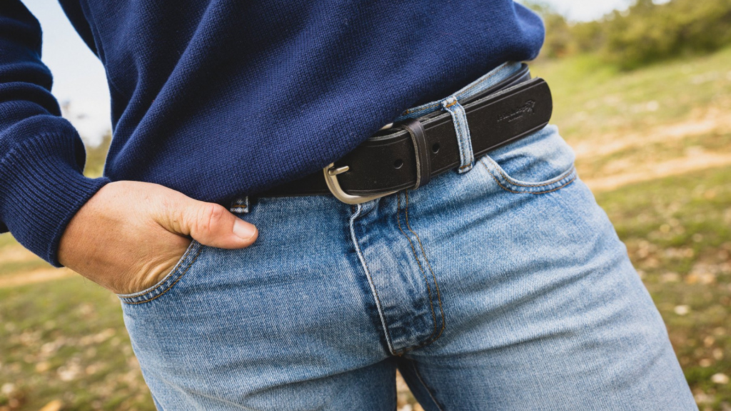 L'image montre un homme portant un pull bleu marine et un jean bleu clair, avec une ceinture en cuir noir. Sa main droite est glissée dans la poche de son jean, créant une posture décontractée. Le cadre est en extérieur, avec un arrière-plan flou montrant de la végétation et un chemin. Le look est simple et classique, mettant en avant un style casual et intemporel.