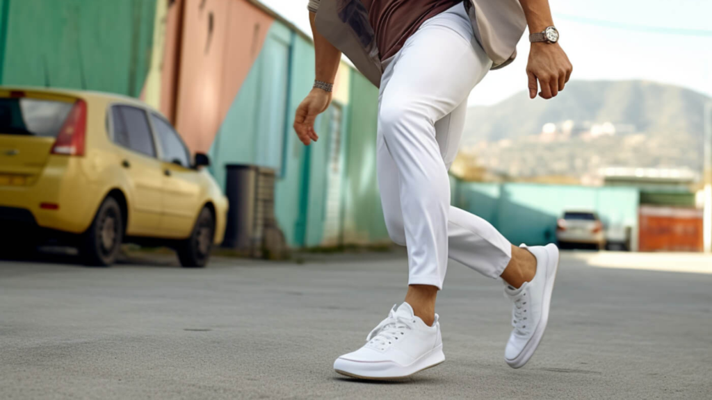 Un homme vêtu d'un pantalon blanc ajusté et de baskets blanches court dans une rue ensoleillée. Il porte un blazer beige et un t-shirt marron, ajoutant une touche élégante à son look décontracté. En arrière-plan, on peut voir des bâtiments colorés et une voiture jaune garée, avec des montagnes au loin. La tenue est à la fois moderne et confortable, parfaite pour une journée décontractée en ville.