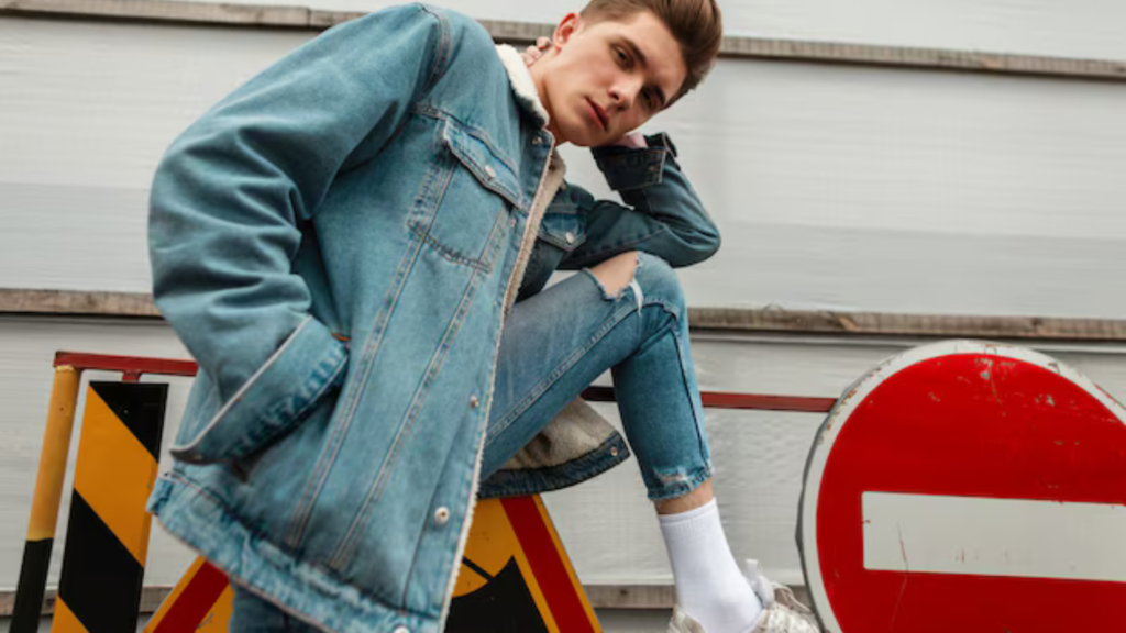 L'image montre un jeune homme vêtu d'une veste en jean bleu clair avec un col en fausse fourrure, assortie à un jean déchiré. Il est en position décontractée, la jambe appuyée sur une barrière, près d'un panneau de signalisation « sens interdit ». Il porte des chaussettes blanches et des baskets argentées. L'arrière-plan inclut des panneaux de signalisation jaunes et noirs, ajoutant une ambiance urbaine et dynamique à l'image. Son style vestimentaire et la scène évoquent une mode jeune, moderne, et rebelle, en harmonie avec l'environnement industriel.